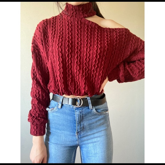 BURGUNDY KNIT SWEATER WITH OPEN SHOULDER - Picture 2 of 5